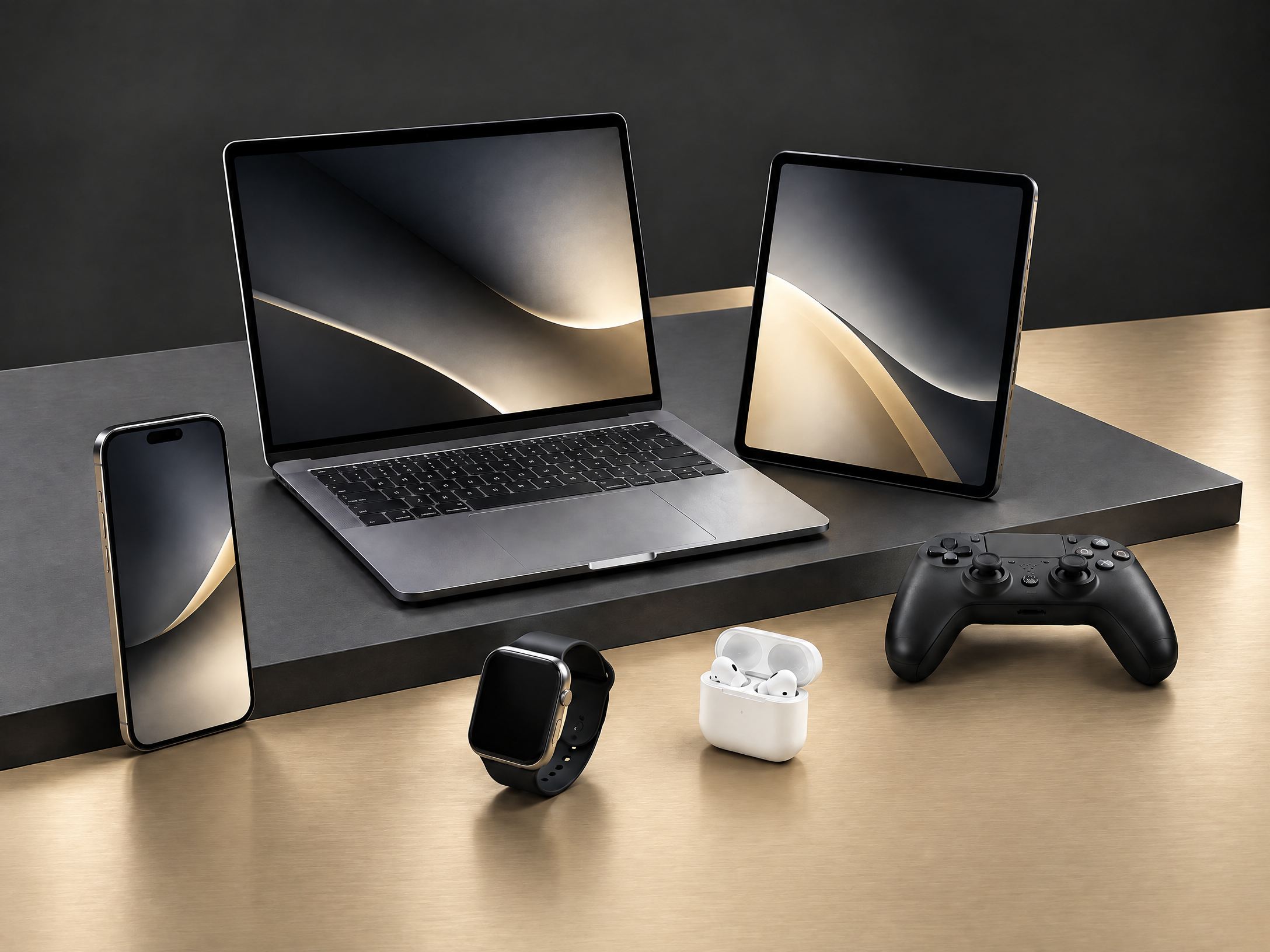 Smartphone, laptop, tablet, smartwatch, earbuds, and gaming controller