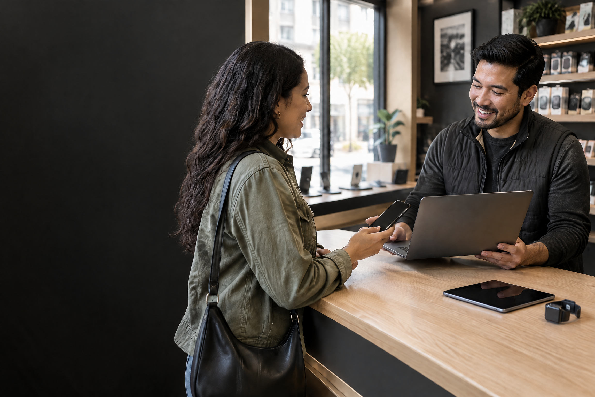 Customer discussing a smartphone and laptop with an electronics store specialist