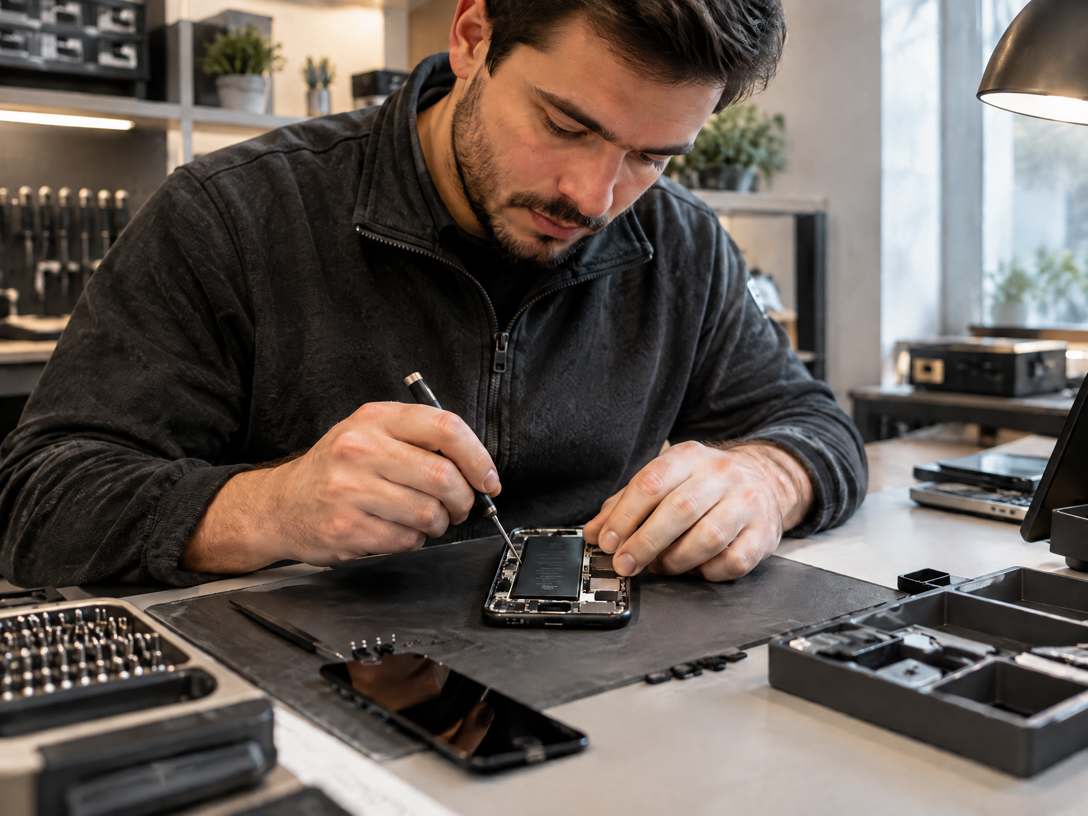 Technician carefully repairing a smartphone at a workbench